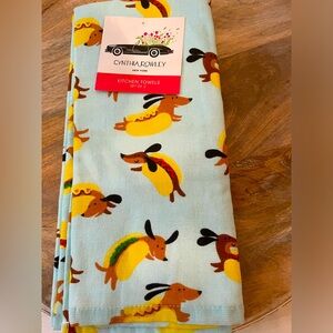 Dachshund Hotdog kitchen towels set NWT Cynthia Rowley